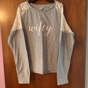 David's Bridal Gray and White Lace Sleeve Top